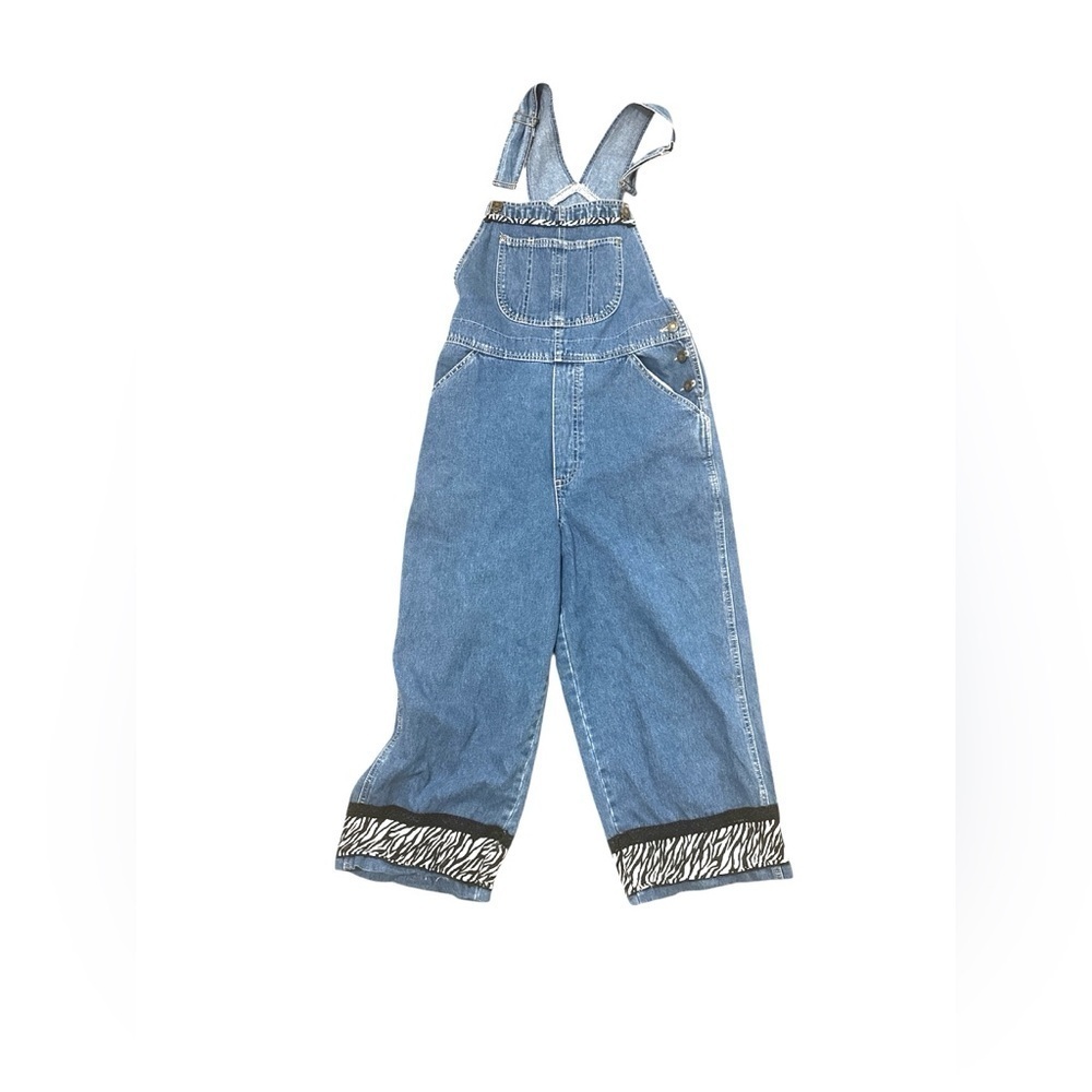 Vintage Y2K Wide Leg Denim Overalls Zebra Trim Boho 90s Vibe - Picture 2 of 7